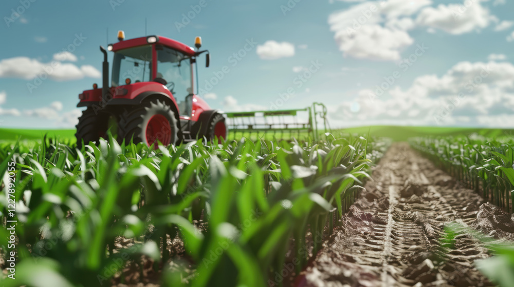 A red tractor pulls a plow through a field of green crops. A red tractor pulls a plow through a field of green crops.