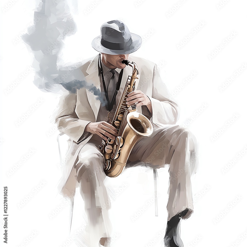 Naklejka premium A musician in a suit playing the saxophone, creating a soulful atmosphere. The scene captures the essence of jazz, emphasizing emotion and creativity.