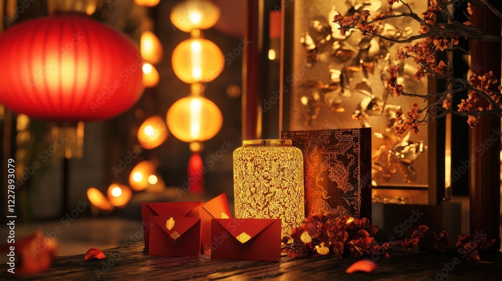 A luxurious Chinese New Year design with golden patterns, red envelopes, and glowing lanterns in a bold composition. A luxurious Chinese New Year design with golden patterns, red envelopes, and glowing lanterns in a bold composition.
