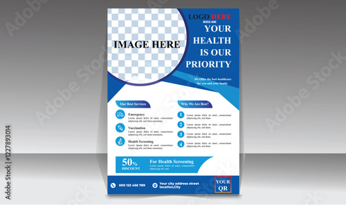 Medical social media post template. Modern banner design with blue color ribbon decoration and place for the photo. Suitable for social media, websites, flyers, and banners.