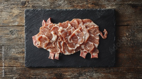 An artistic presentation of raw pork slices arranged to form the shape of a pig on a black slate board. Perfect for food presentation or culinary themes. photo