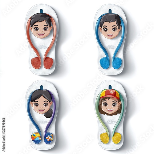 Colorful flip-flops with cartoon characters smiling on footbeds, featuring playful designs in vibrant colors for summer and beachwear fun and comfort. photo