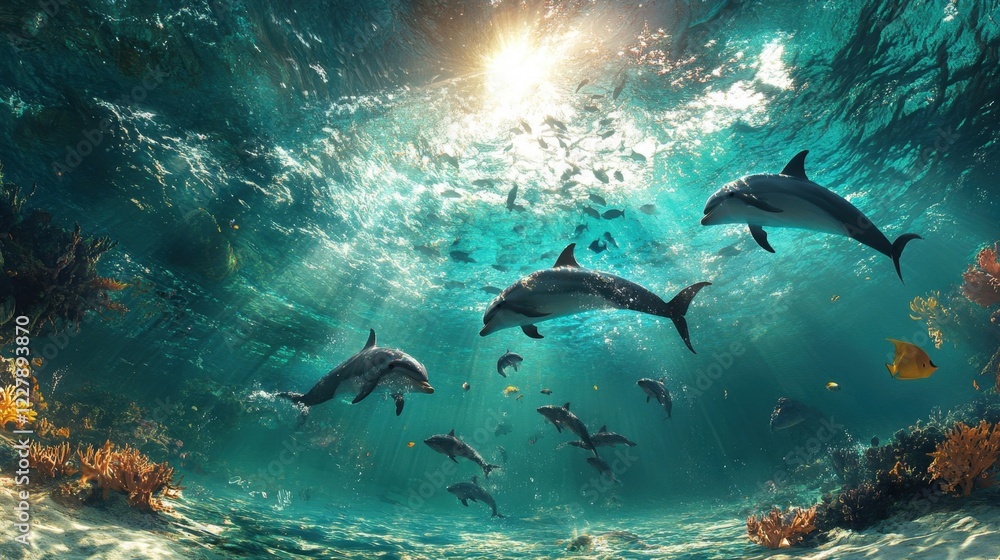 Fototapeta premium Dolphins Swimming Underwater Sunlight