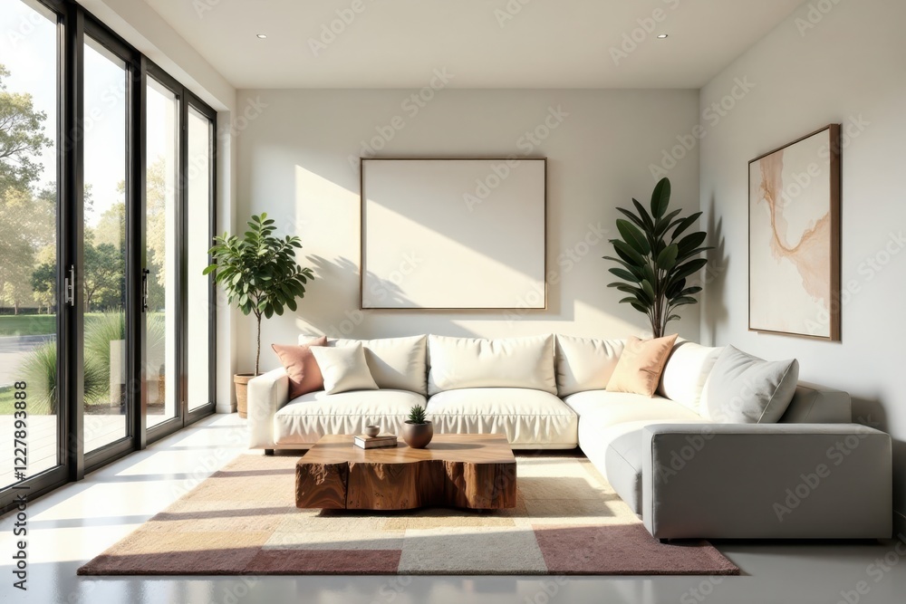 Fototapeta premium Modern Sectional Sofa in Sunlit Living Room with Natural Decor and Large Empty Frame