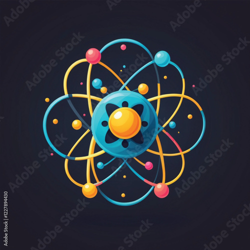 Atom, orbital electrons. Nuclear energy, scientific research, molecular chemistry, physics science concept.