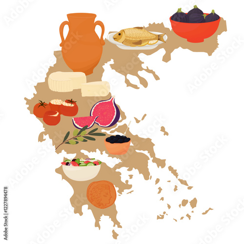 Greek food traditional recipes of Athens on a map of the country. Sights of Mediterranean cuisine. Salad, cheese, wine, olives, fish, feta. Vector 
