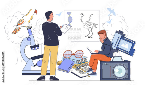 Scientists studying fossils, DNA, and biology with books, a microscope, and a camera. Creative illustration on a white background. Concept of research. Vector illustration.