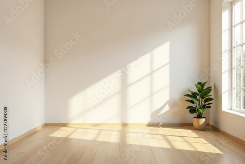Wallpaper Mural Sunlight Illuminates Empty Room with Light Hardwood Floor and Single Potted Plant Torontodigital.ca
