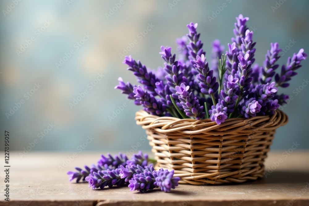 A delicate arrangement of fragrant purple lavender blossoms nestled in a charming woven basket, sitting on a rustic wooden surface against a soft-hued background A delicate arrangement of fragrant purple lavender blossoms nestled in a charming woven basket, sitting on a rustic wooden surface against a soft-hued background