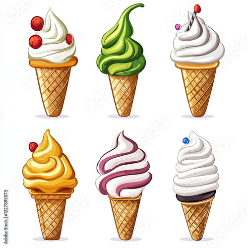 Ice cream cones with various soft serve flavors including green tea, vanilla, chocolate, and strawberry, topped with colorful sprinkles and chocolate syrup.