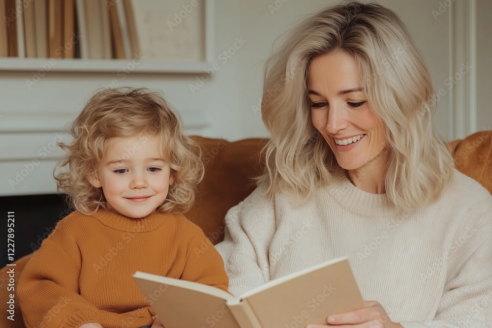 A loving mother and her young child share a heartwarming moment as they read a book together. A loving mother and her young child share a heartwarming moment as they read a book together.