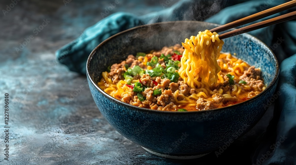 Fototapeta premium A steaming bowl of ramen noodles garnished with meat and herbs, ready to be enjoyed.