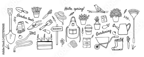 Gardening tools. Set of farming tools. Items for gardening and plant care. Hand-drawn doodles of isolated objects. Growing plants. For printing and decoration.