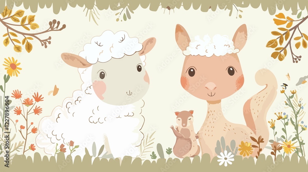 Obraz premium Cute Baby Shower Sheep with Squirrel in Cartoon Decoration