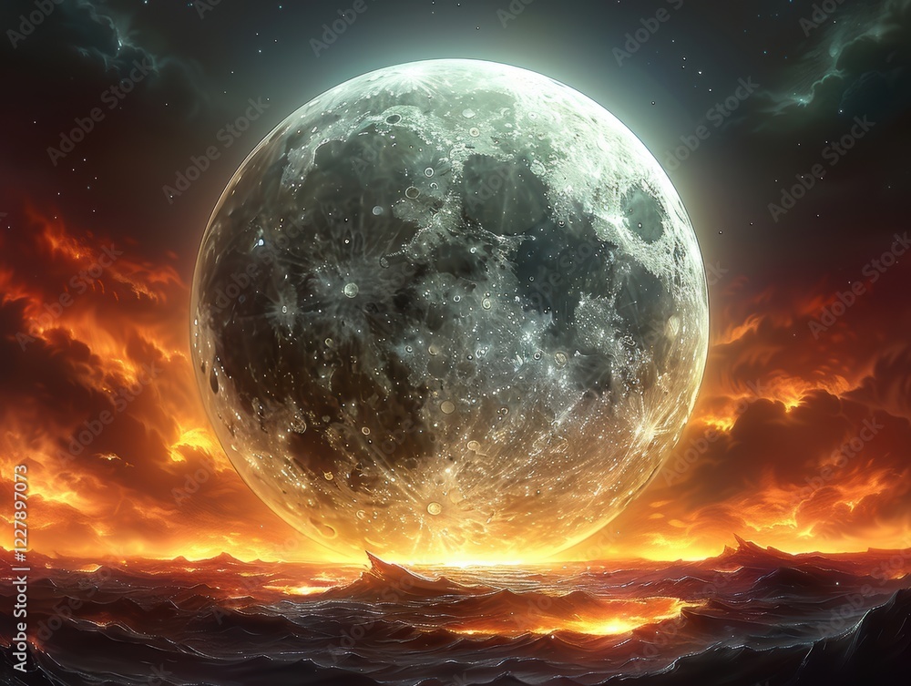 Abstract 3D render of a detailed moon illuminated by a glowing golden halo, surrounded by dramatic red and black clouds, generative AI. Abstract 3D render of a detailed moon illuminated by a glowing golden halo, surrounded by dramatic red and black clouds, generative AI.