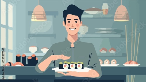 Asian Man Enjoying Fresh Sushi Flat Vector Illustration