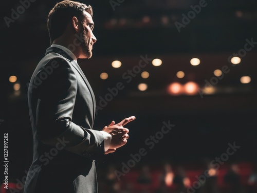 Public speaking tips for effective presentations auditorium stage professional guidance engaging environment side view