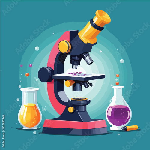 Realistic microscope. 3d chemistry, pharmaceutical instrument, microbiology magnifying tool. Symbol of science. Vector lab microscope