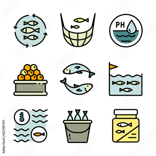 Fish farm icons set. Simple set of fish farm vector icons isolated on white background