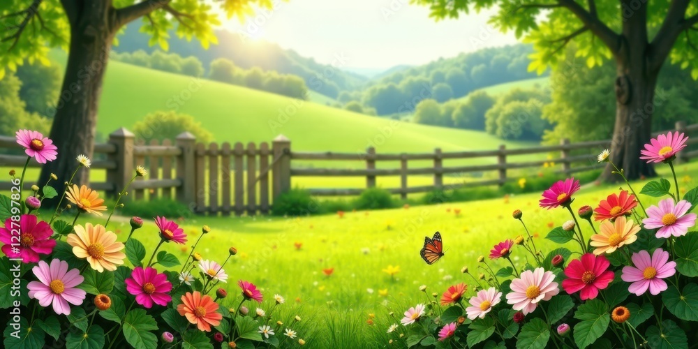 Obraz premium Vibrant wildflowers blooming in a picturesque pastoral setting, framed by a rustic wooden fence and lush green rolling hills under a warm, sunlit sky.