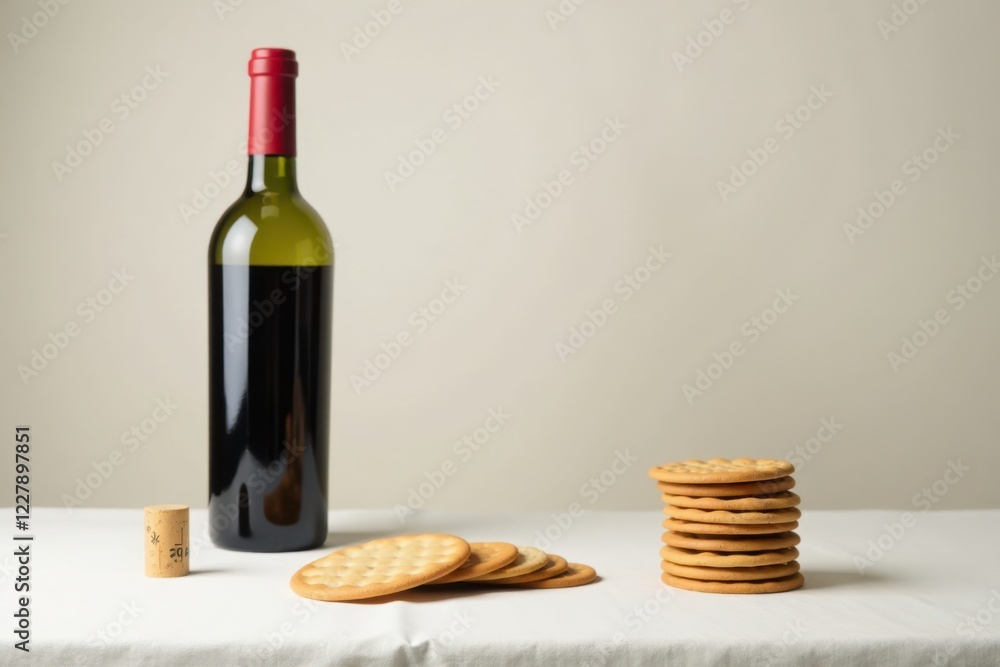 Naklejka premium A bottle of red wine with a cork and several round crackers on a white surface