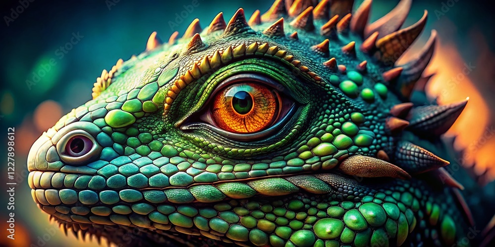 Fototapeta premium Fantasy Reptile Close-Up: Green Eyes, Textured Skin - Stock Photo