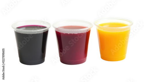 Three Colorful Fruit Juices in Plastic Cups Refreshing Drinks Assortment