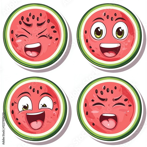 Smiling waelon emojis with various facial expressions including happiness, joy, and playfulness sitting against a white background in a bright and colorful design. photo