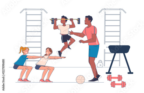 Group of children and a coach in a gym class doing exercises like pull-ups and squats. Cartoon style on a white background. Concept of youth fitness. Flat line art cartoon vector illustration