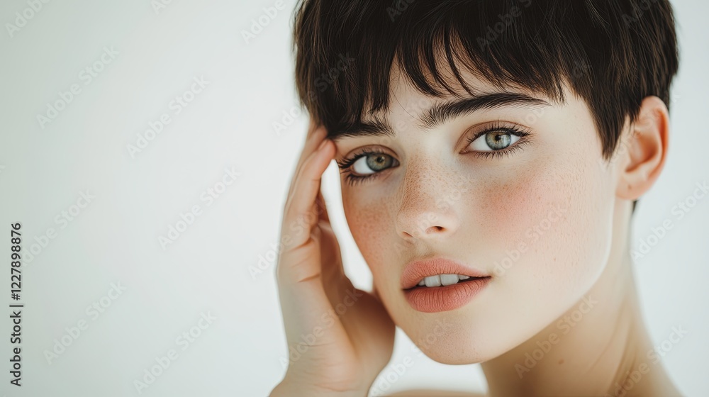 A close-up portrait of a beautiful young woman with short brunette hair gently touching her face, and a serene expression, showcasing natural beauty and elegance and tranquility, professional studio p A close-up portrait of a beautiful young woman with short brunette hair gently touching her face, and a serene expression, showcasing natural beauty and elegance and tranquility, professional studio p