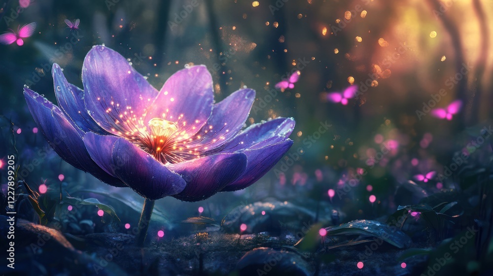 Glowing flower, magical forest, sunset, fantasy art, nature background
