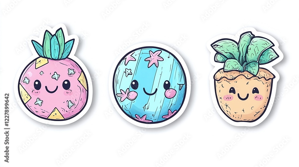Cute cartoon stickers of fruit characters including a smiling pineapple, waelon, and tropical plant with vibrant colors and a playful design. Cute cartoon stickers of fruit characters including a smiling pineapple, waelon, and tropical plant with vibrant colors and a playful design.