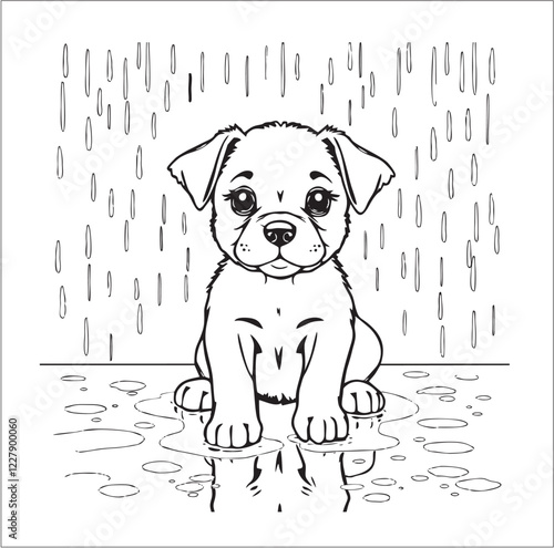 Cute Puppy Standing in the Rain Coloring Page, transparent background png