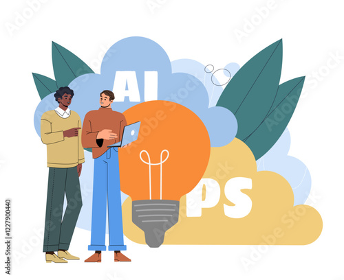 Two people converse with a laptop, surrounded by a large light bulb, leaves, and AI and PS text on a white background. Concept of AI innovation. Vector illustration