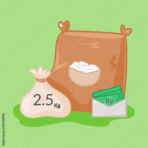 Flat Charity Illustration of Zakat Bag with Rice, Money, and Envelope