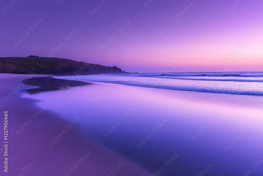 Fototapeta premium A serene beach at twilight, soft waves reflecting the gradient of the sky and sands glowing in the dim light
