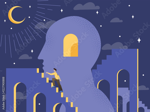 A person climbing stairs leading into a silhouette of a head with an illuminated doorway, under a crescent moon and stars. Concept of personal growth. Vector illustration