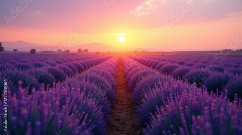 Endless rows of lavender fields stretching into the horizon, with a warm orange sunset photo