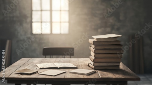 Rustic wooden table with stack of books, open notebook, and blank notepad, near window.