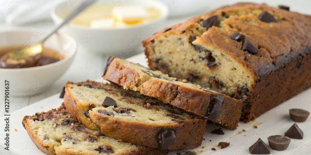 Close-up of freshly sliced banana bread with dark chocolate chunks and a patina of melted butter, fresh, chunk Close-up of freshly sliced banana bread with dark chocolate chunks and a patina of melted butter, fresh, chunk