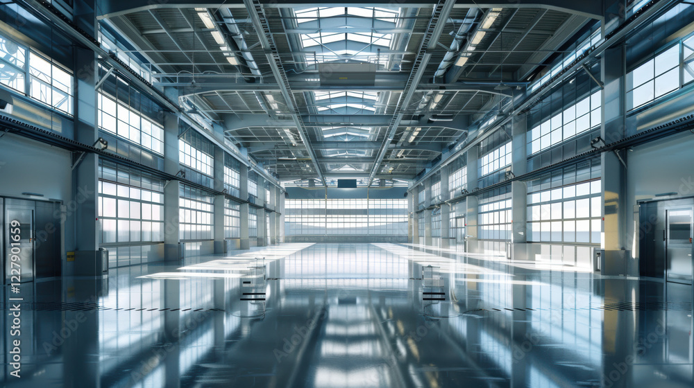 A spacious warehouse with high ceilings, large windows, and a polished floor. A spacious warehouse with high ceilings, large windows, and a polished floor.