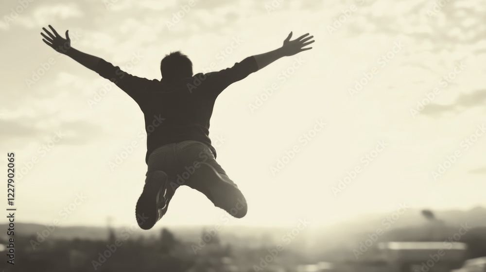 Silhouette of a man joyfully leaping into the sunset, arms outstretched. Silhouette of a man joyfully leaping into the sunset, arms outstretched.