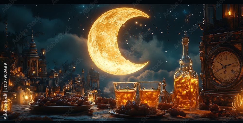 Fantastical Night Scene with a Crescent Moon, Glowing Bottles, and an Antique Clock
Fantastical Night Scene with a Crescent Moon, Glowing Bottles, and an Antique Clock