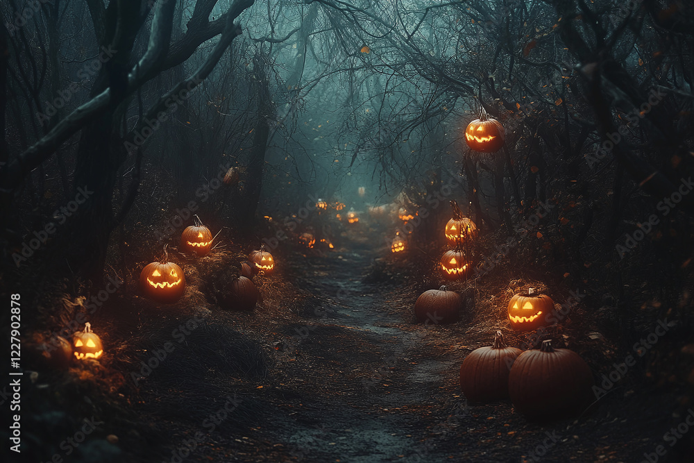 Mysterious Haunted House on a Foggy Halloween Night with Glowing Jack-o’-Lanterns, Flying Bats, and an Eerie Gothic Atmosphere Mysterious Haunted House on a Foggy Halloween Night with Glowing Jack-o’-Lanterns, Flying Bats, and an Eerie Gothic Atmosphere
