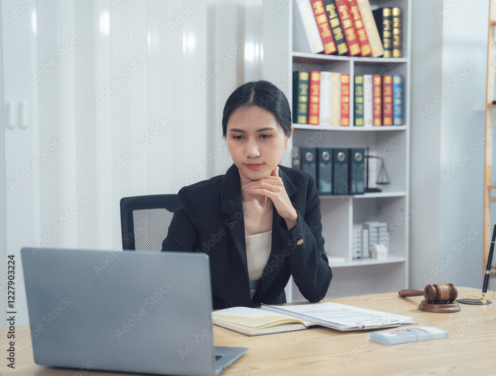 Focused Legal Professional: A confident female lawyer meticulously examines legal documents on her laptop, exuding an air of focus and professionalism in a well-lit, modern office setting. Focused Legal Professional: A confident female lawyer meticulously examines legal documents on her laptop, exuding an air of focus and professionalism in a well-lit, modern office setting.