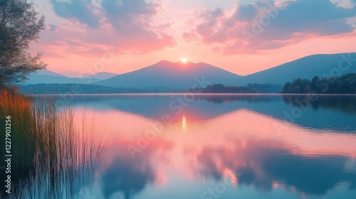 Fototapeta Naklejka Na Ścianę i Meble -  Peaceful sunset lake reflection mountains landscape