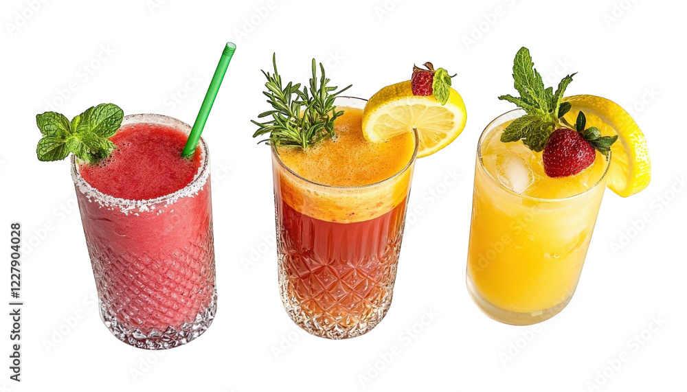 Fototapeta premium Refreshing Summer Drinks Three Colorful Fruit Smoothies in Glasses