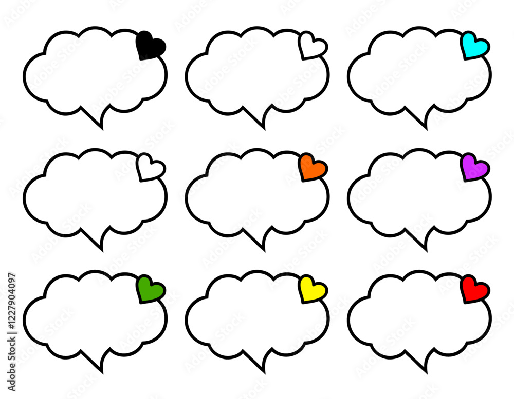 Speech bubble icons set, with multicolored hearts built into its border, sticker, print, cartoon, card, valentine day design Speech bubble icons set, with multicolored hearts built into its border, sticker, print, cartoon, card, valentine day design