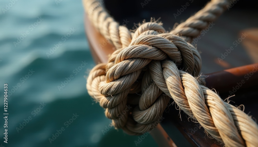 Close-up, weathered ship rope tied in complex knot , background, brown Close-up, weathered ship rope tied in complex knot , background, brown