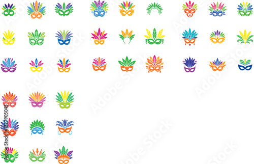 set of bundle brazilian carnaval with feather.  Festive confetti, masks, latin dancers, feathers and maracas.  Entertainment event of Rio carnaval.
